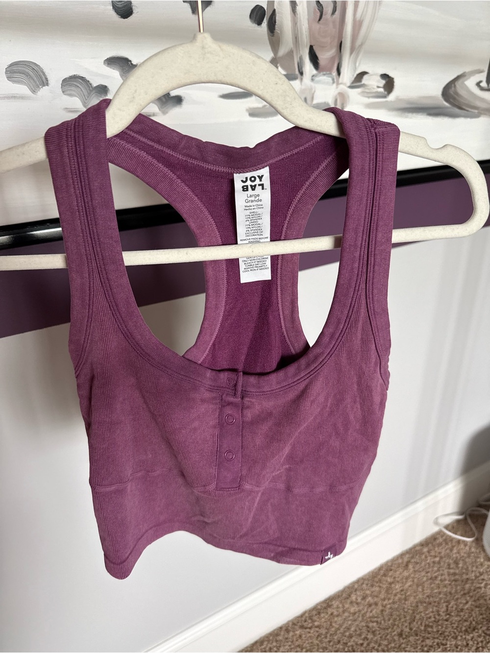 JoyLab Plum Ribbed Racerback Sports Bra with Front Snap Detail
